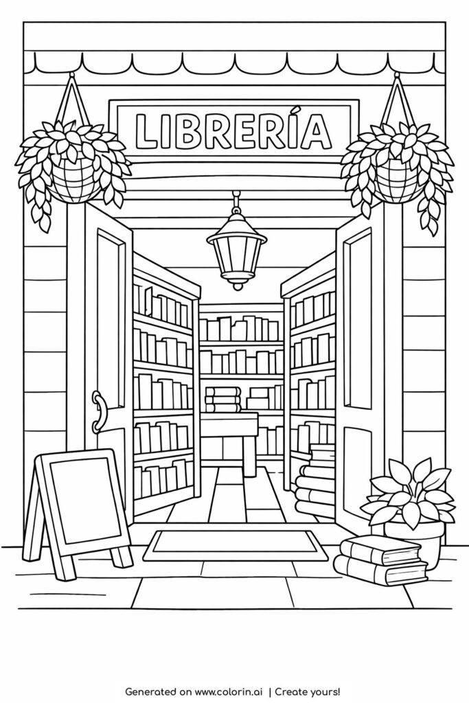 small town bookstore with open doors coloring page showing shelves of books and hanging plants coloring page