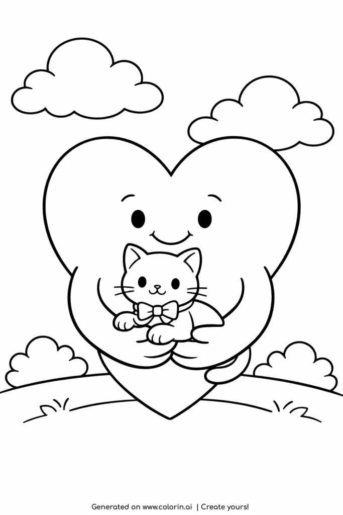 smiling heart hugging kitten coloring page cute heart holding small cat with clouds coloring page