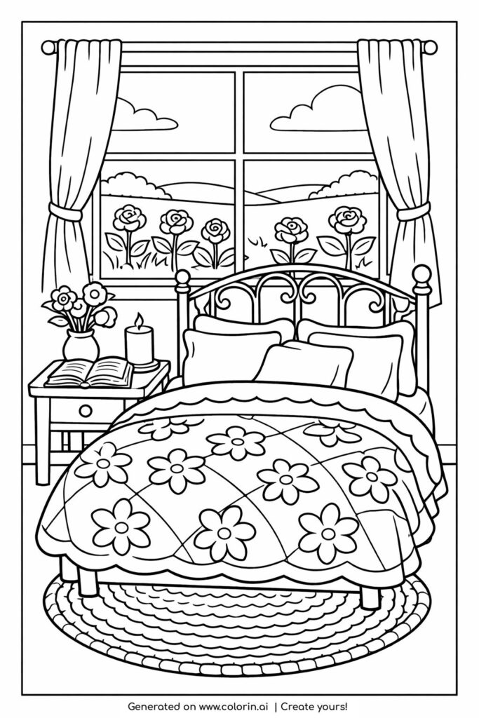 spring bedroom with floral quilt coloring page featuring window and flowers