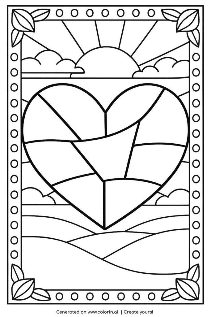 stained glass heart with sunrise coloring page featuring bold sections and decorative frame