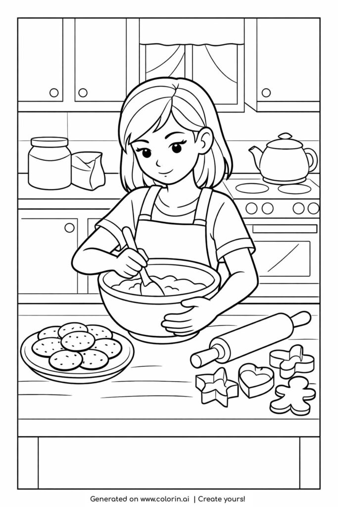 teen girl baking cookies coloring page showing a girl mixing dough with cookies and kitchen tools coloring page