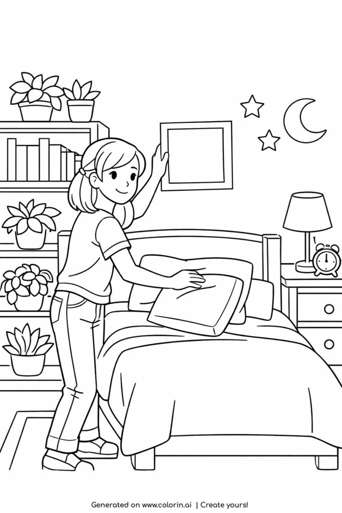 teen girl decorating bedroom coloring page with plants bed pillow and wall art coloring page