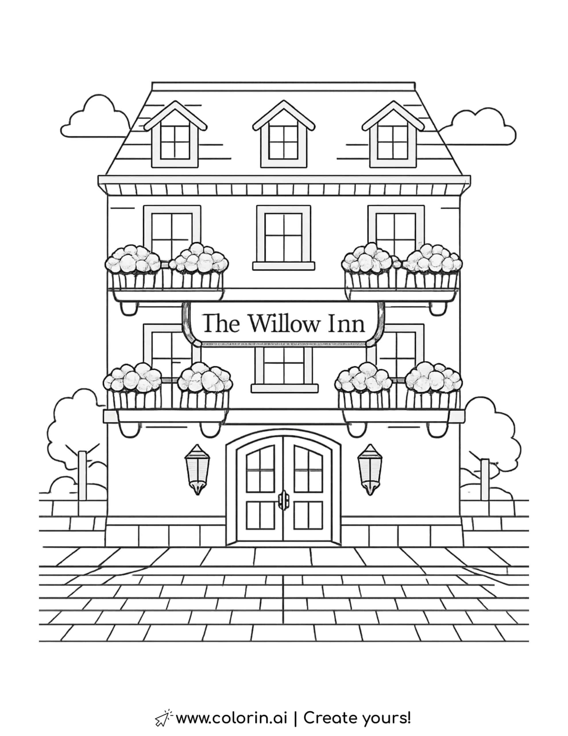 The Willow Inn hotel facade coloring page | Free Printable