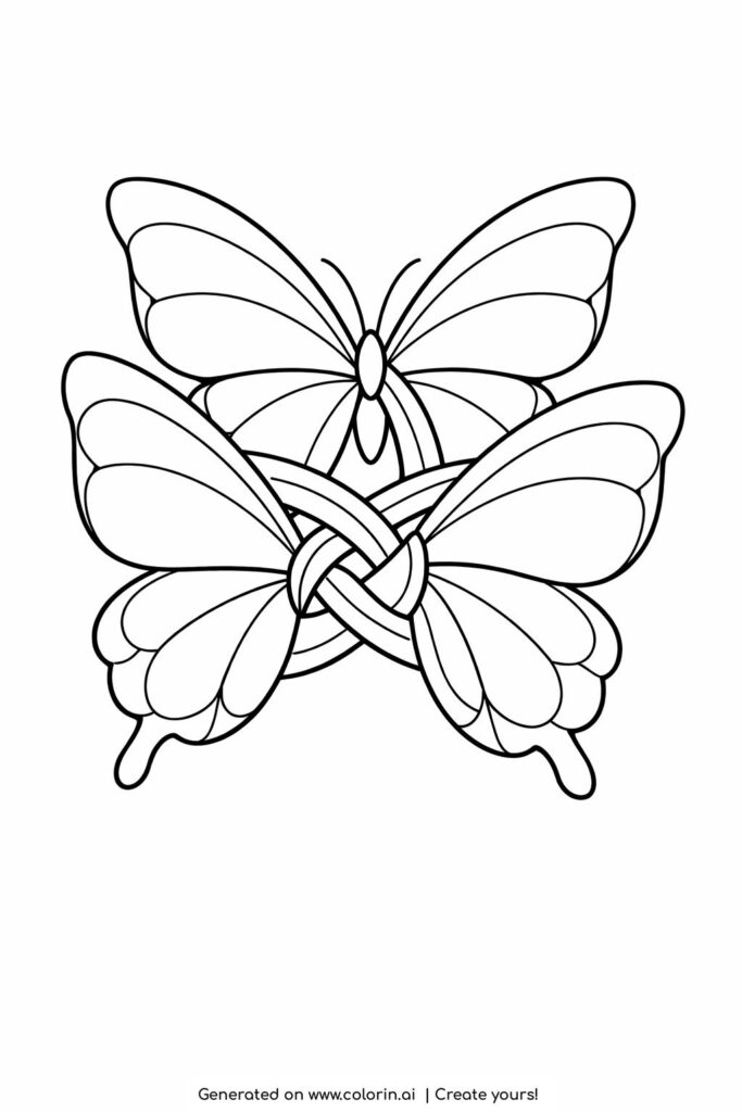 three intertwined butterflies coloring page with overlapping wings and central knot design coloring page