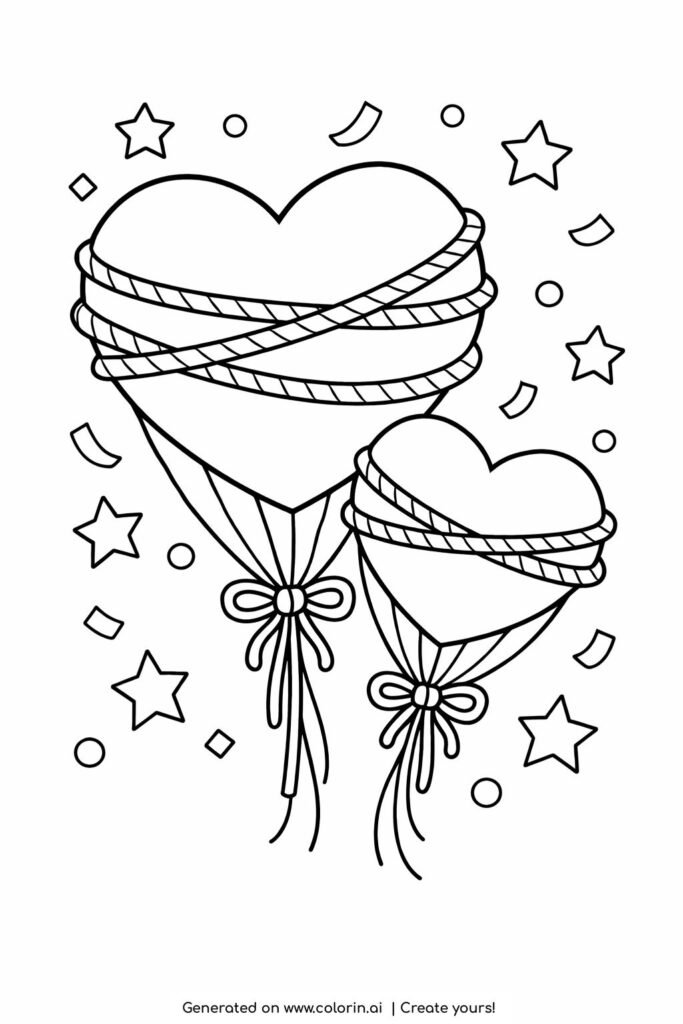two heart balloons with ribbons coloring page with stars and confetti coloring page