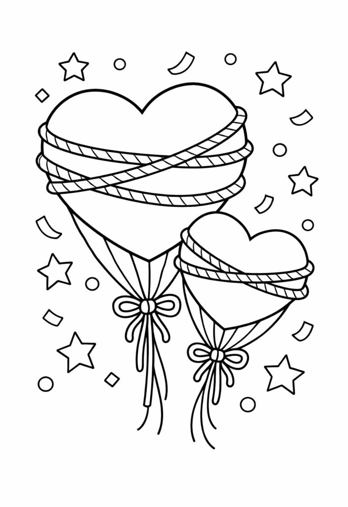 two heart balloons with ribbons coloring page with stars and confetti coloring page