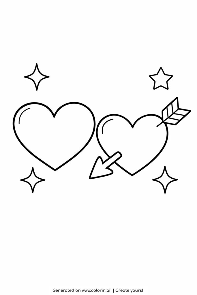 two hearts with arrow and stars coloring page showing simple heart shapes with an arrow and small stars coloring page