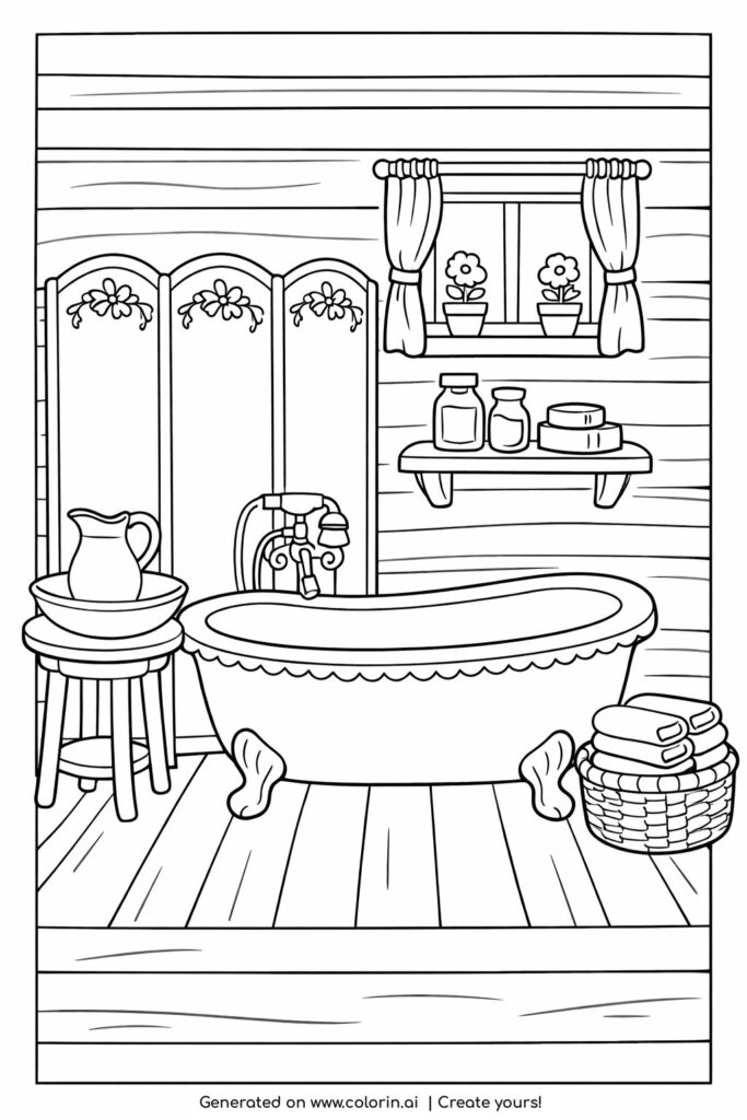 victorian clawfoot bathtub cabin coloring page with towels and window flowers coloring page