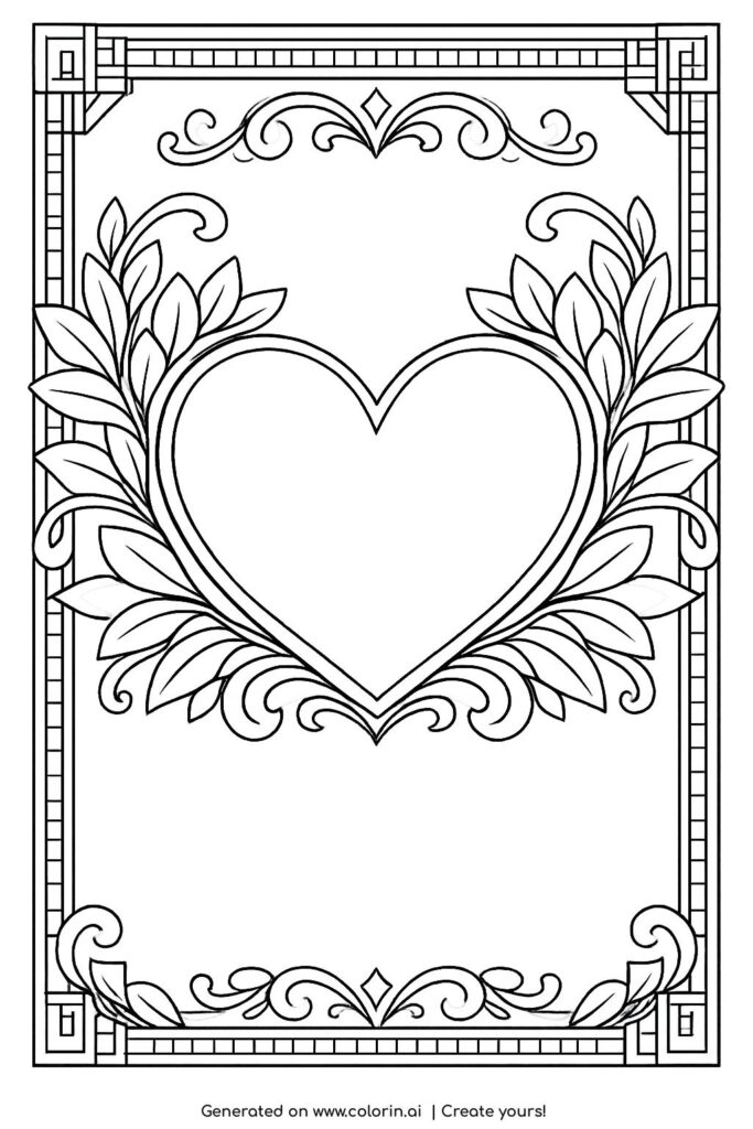 vintage framed heart with leaves coloring page with decorative frame and symmetrical foliage coloring page