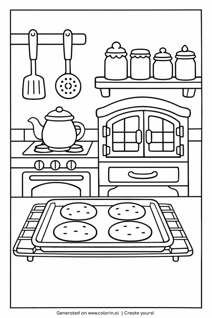 vintage kitchen oven with cookies coloring page featuring teapot spices and baking tray coloring page