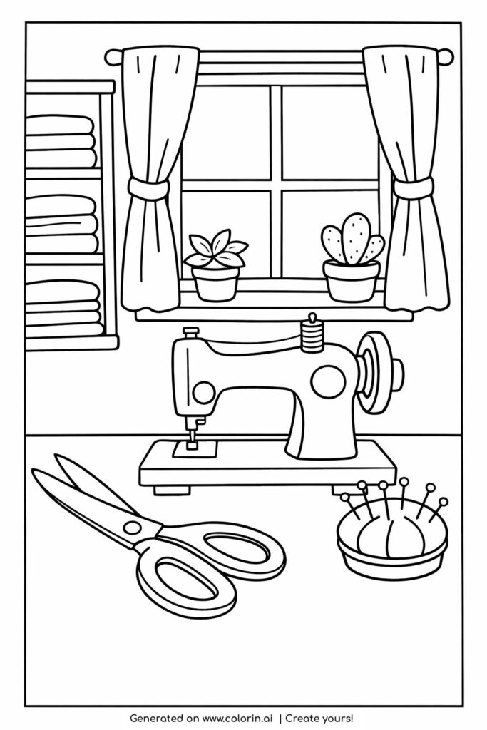 vintage sewing corner by window coloring page featuring sewing machine scissors and plants coloring page