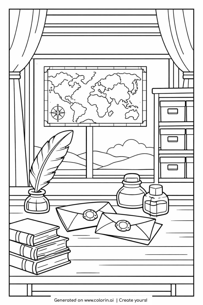 vintage writing desk with world map coloring page featuring quill and sealed letters coloring page