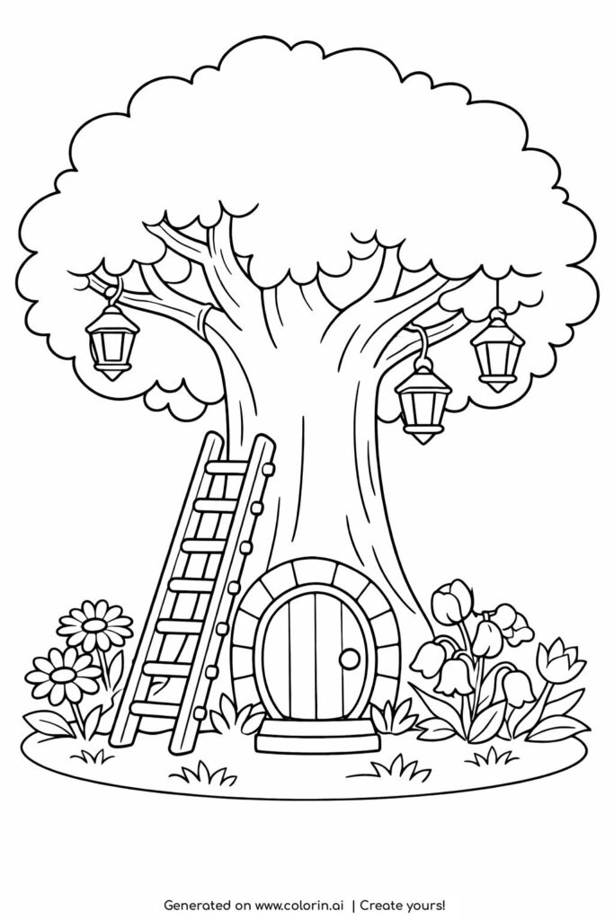 whimsical tree house with ladder coloring page featuring lanterns and flowers coloring page