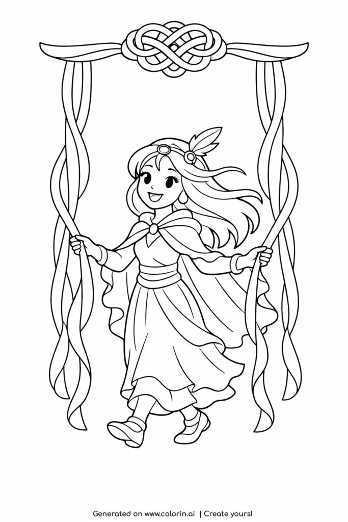 wind princess holding flowing ribbons coloring page with decorative knot