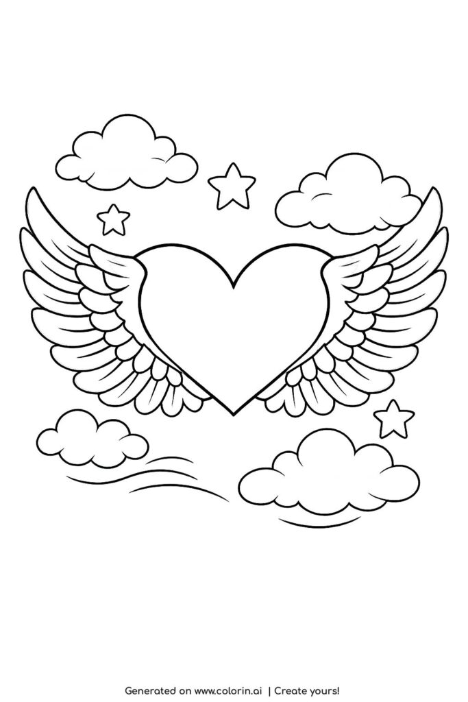 winged heart floating in clouds coloring page with soft wings stars and clouds