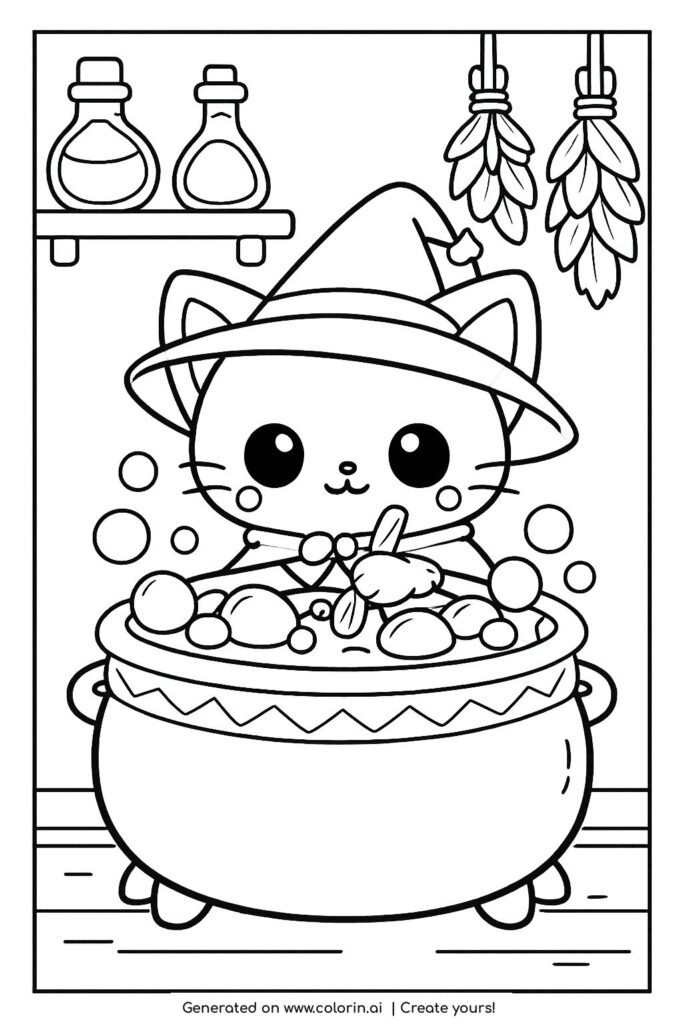 wizard cat stirring potion in cauldron coloring page cute kitten with hat mixing bubbling brew coloring page
