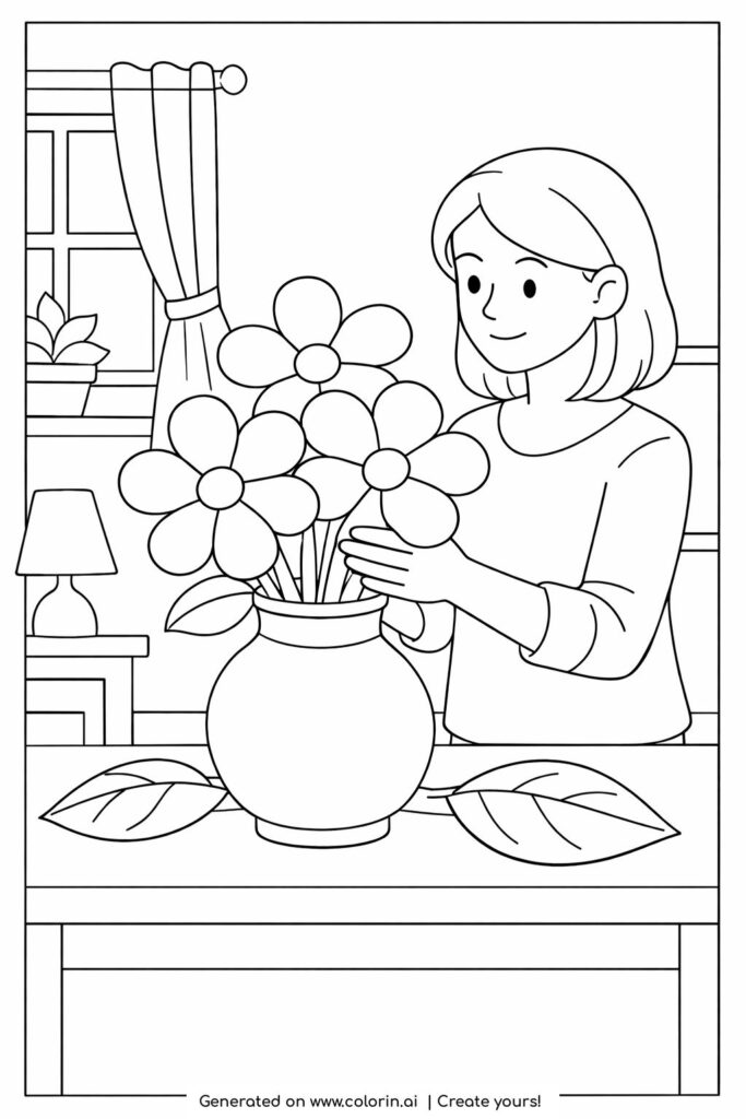 woman arranging flowers in vase coloring page with a cozy home table scene and simple floral details coloring page