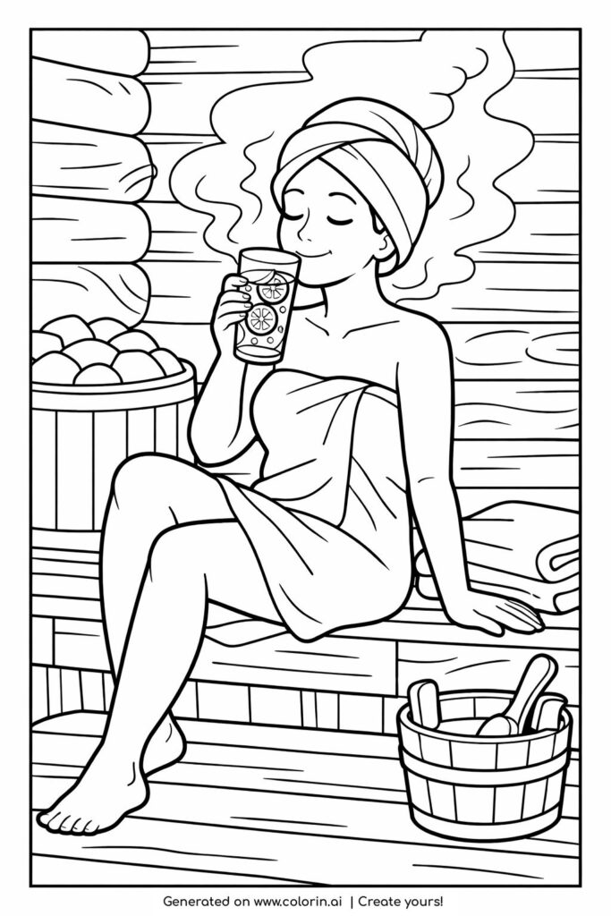 woman relaxing in sauna with lemon water coloring page sitting on a wooden bench with steam and spa details coloring page