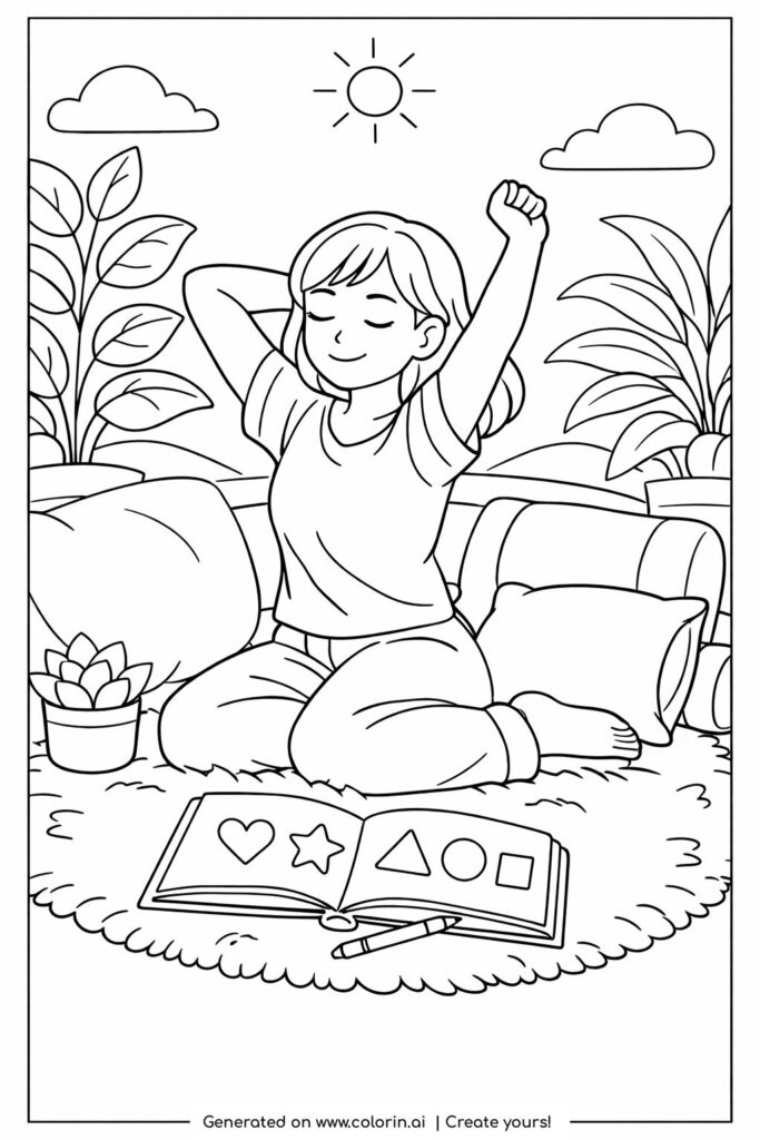 woman stretching on rug coloring page showing a relaxed woman on a soft rug with cushions and plants coloring page