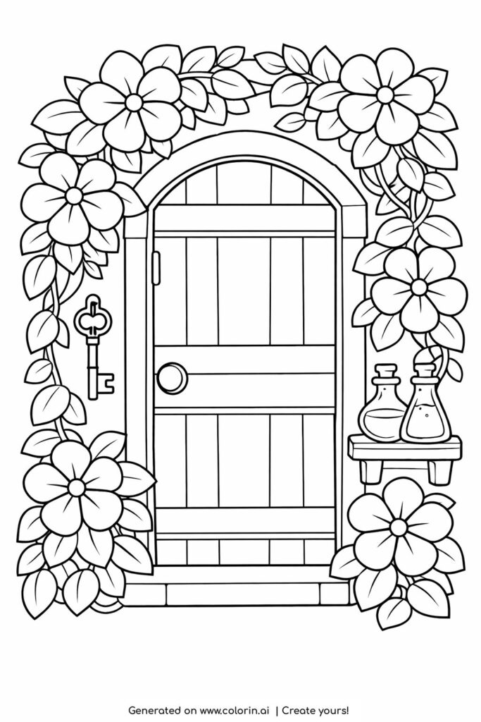 wooden door with flowers and key coloring page featuring vines, bottles, and arched frame coloring page