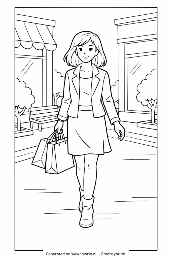 young woman shopping on street coloring page with shopping bags, shop windows, and a city sidewalk coloring page