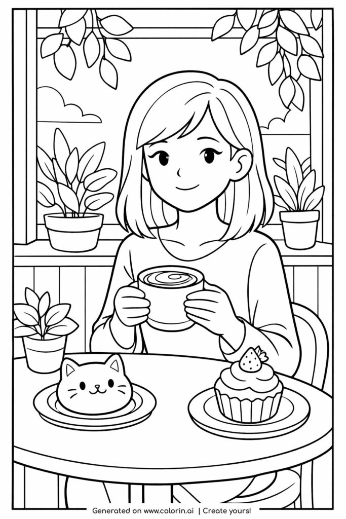 young woman with matcha latte coloring page sitting at a cafe table with pastries and plants coloring page