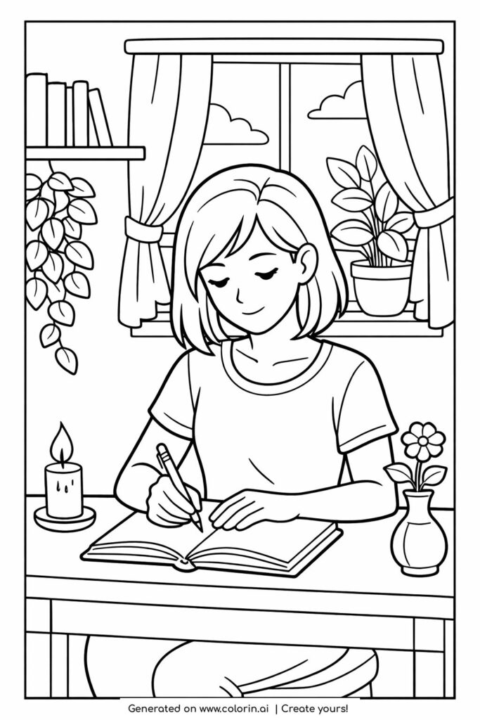 young woman writing at desk coloring page with window curtains, plants, candle, and books coloring page