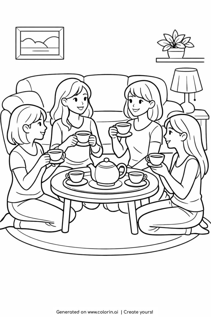 young women drinking tea together coloring page showing friends chatting around a small table