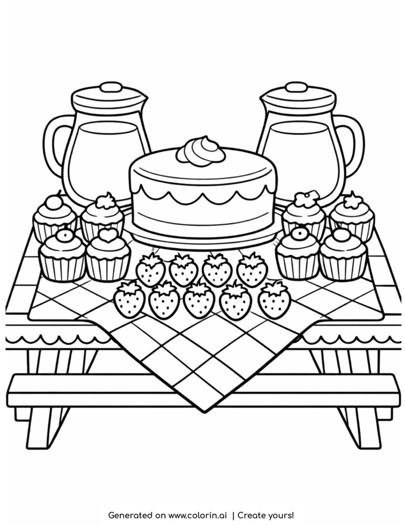 picnic table with cake cupcakes strawberries and juice jars coloring page