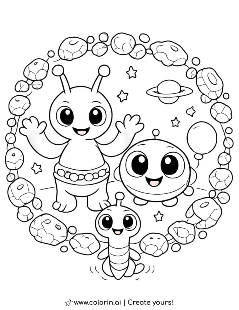 alien family floating in space coloring page