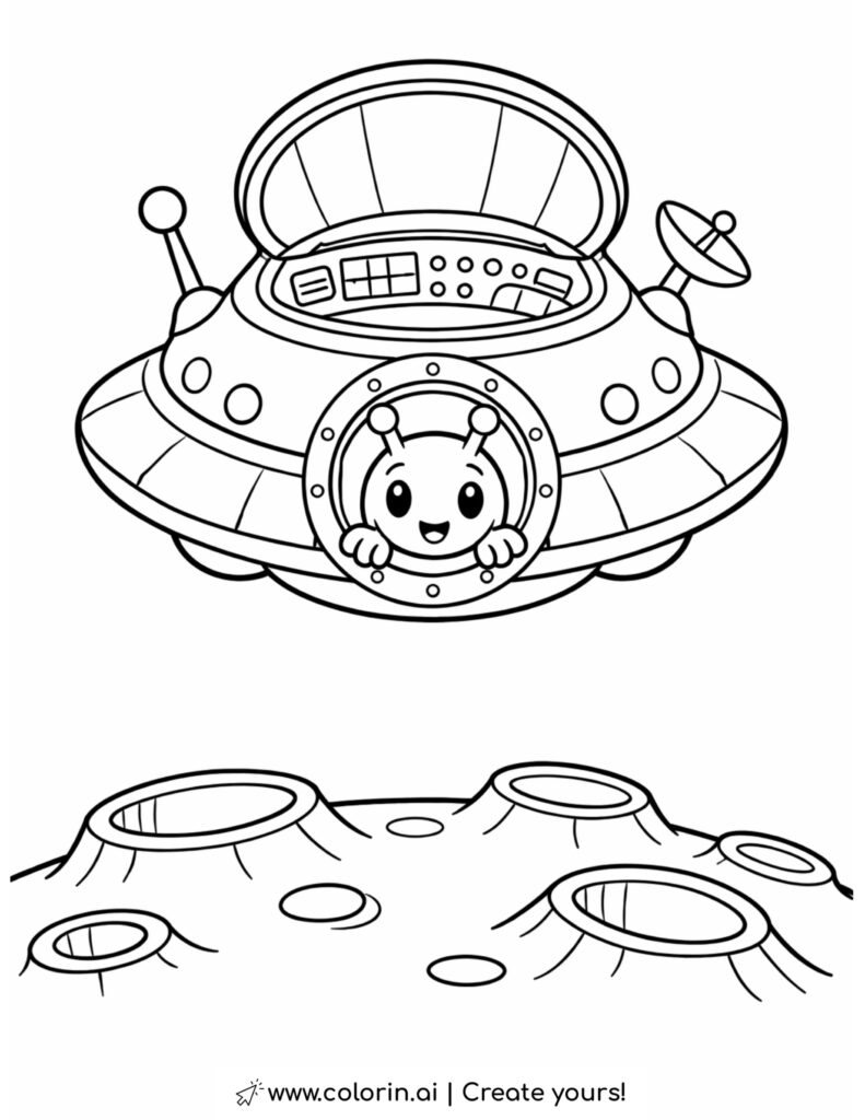 alien in ufo above moon craters coloring page
