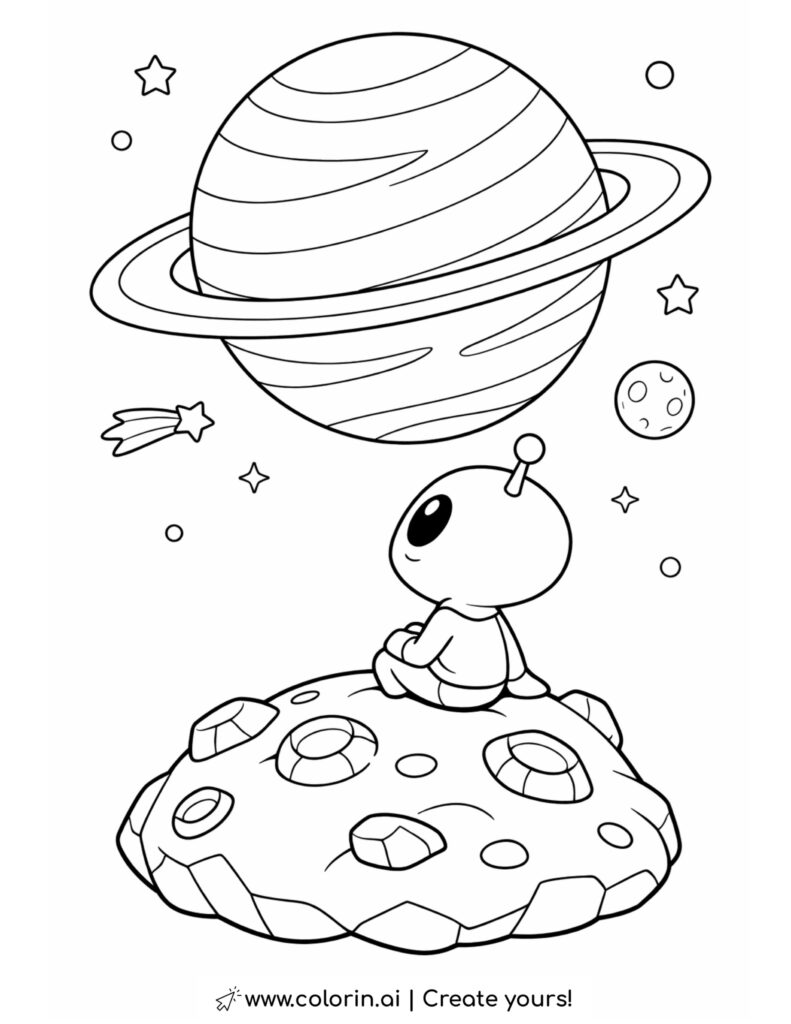 alien sitting on asteroid looking at giant planet coloring page