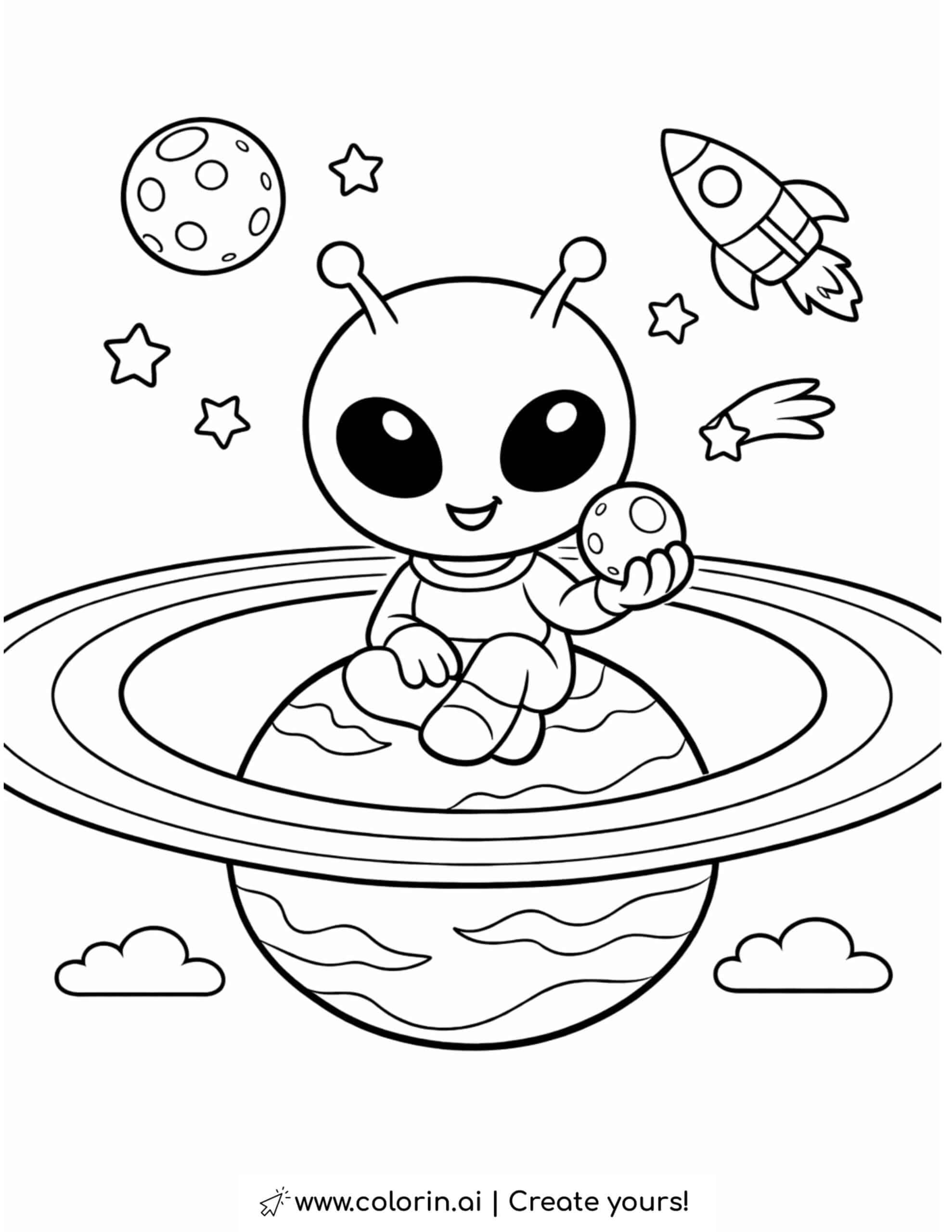 Alien Sitting on Ringed Planet Coloring Page | Free Printable
