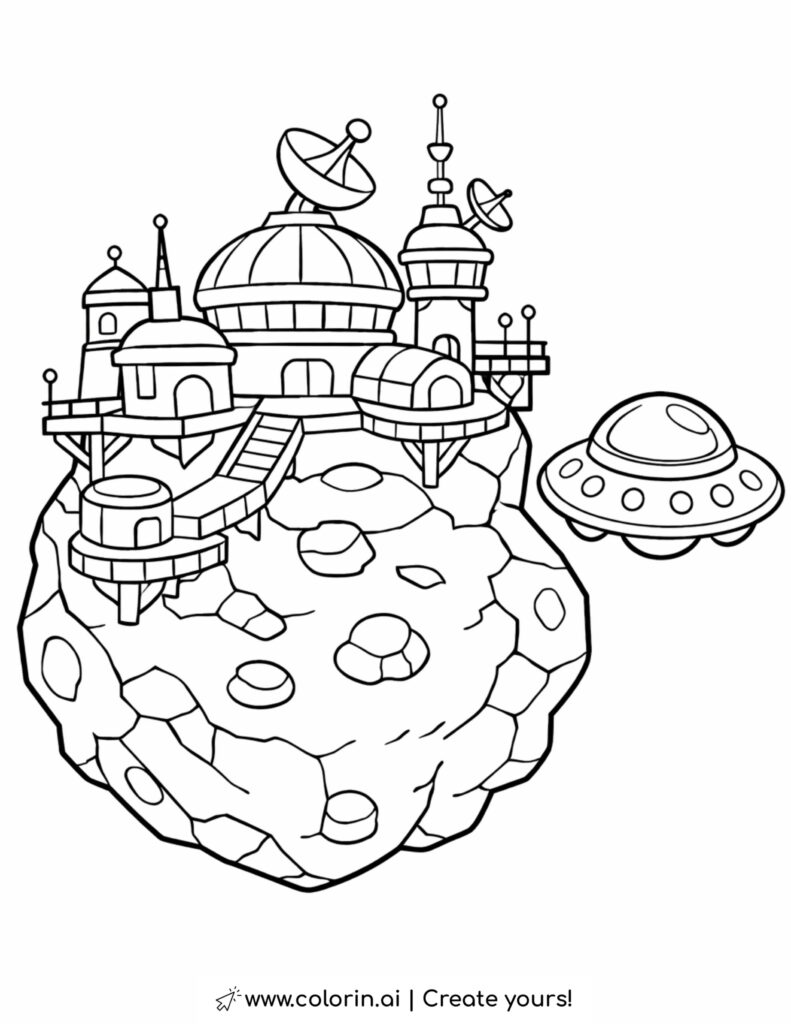 space station built on asteroid with UFO coloring page
