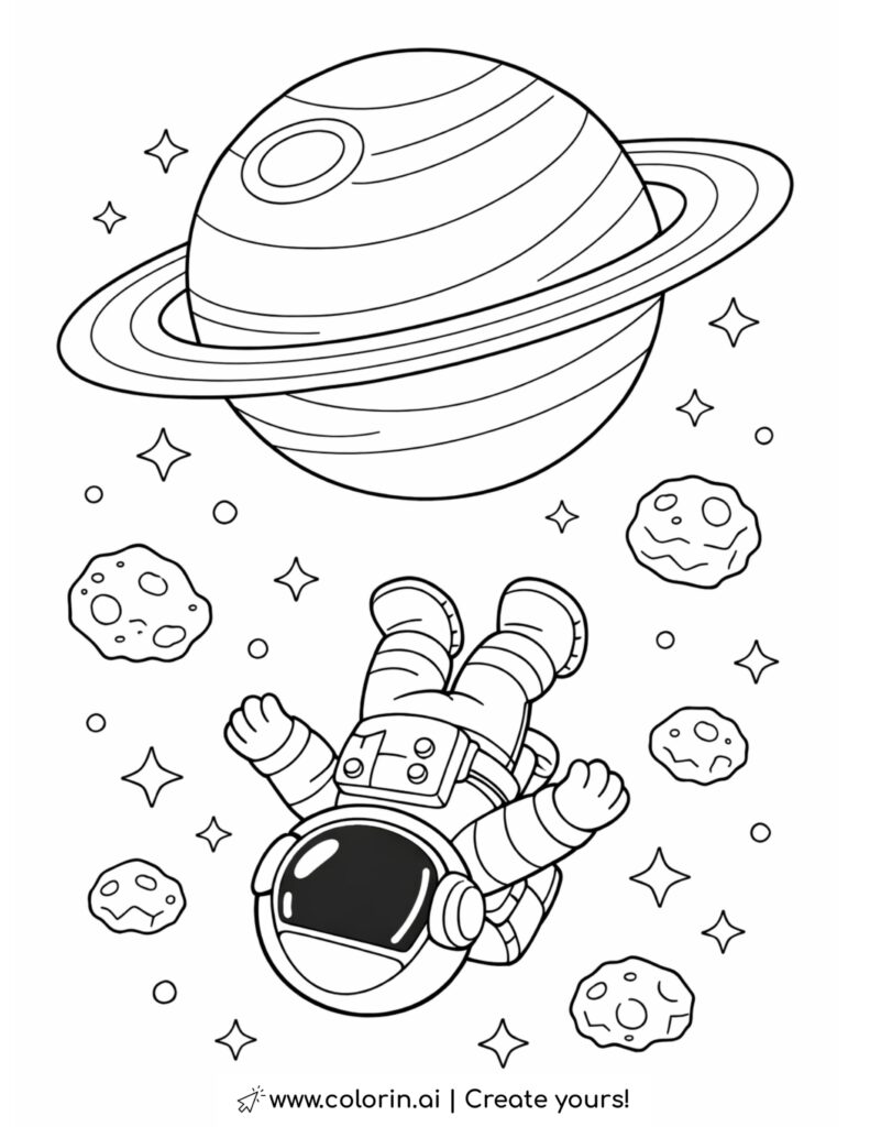 astronaut floating near ringed planet with asteroids and stars coloring page
