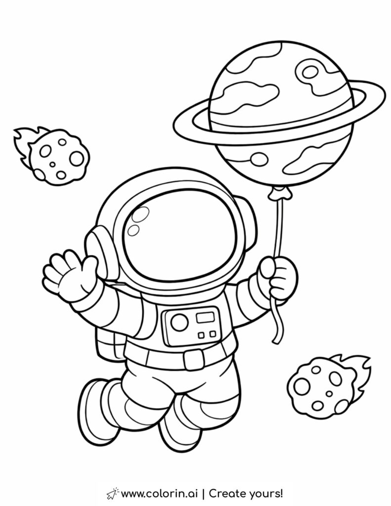 astronaut holding planet balloon with meteors coloring page