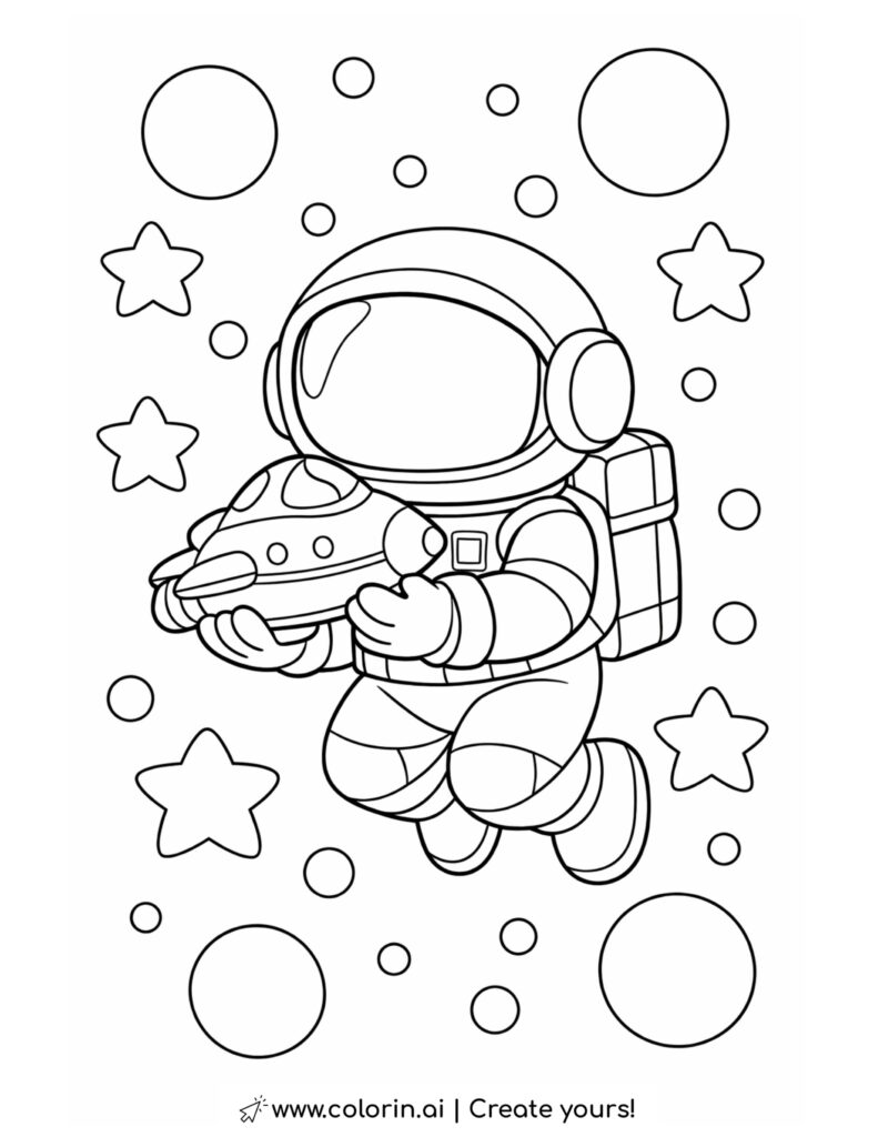 astronaut holding small spaceship surrounded by stars coloring page