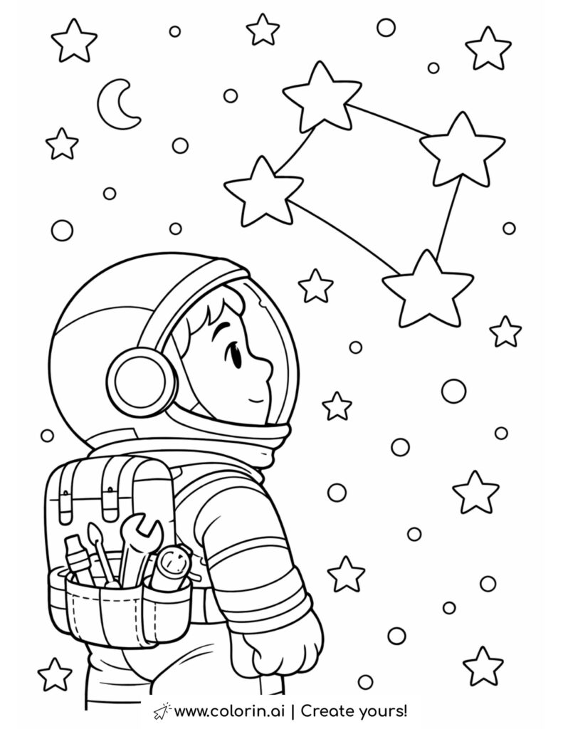 astronaut watching star constellation coloring page with stars and space background coloring page