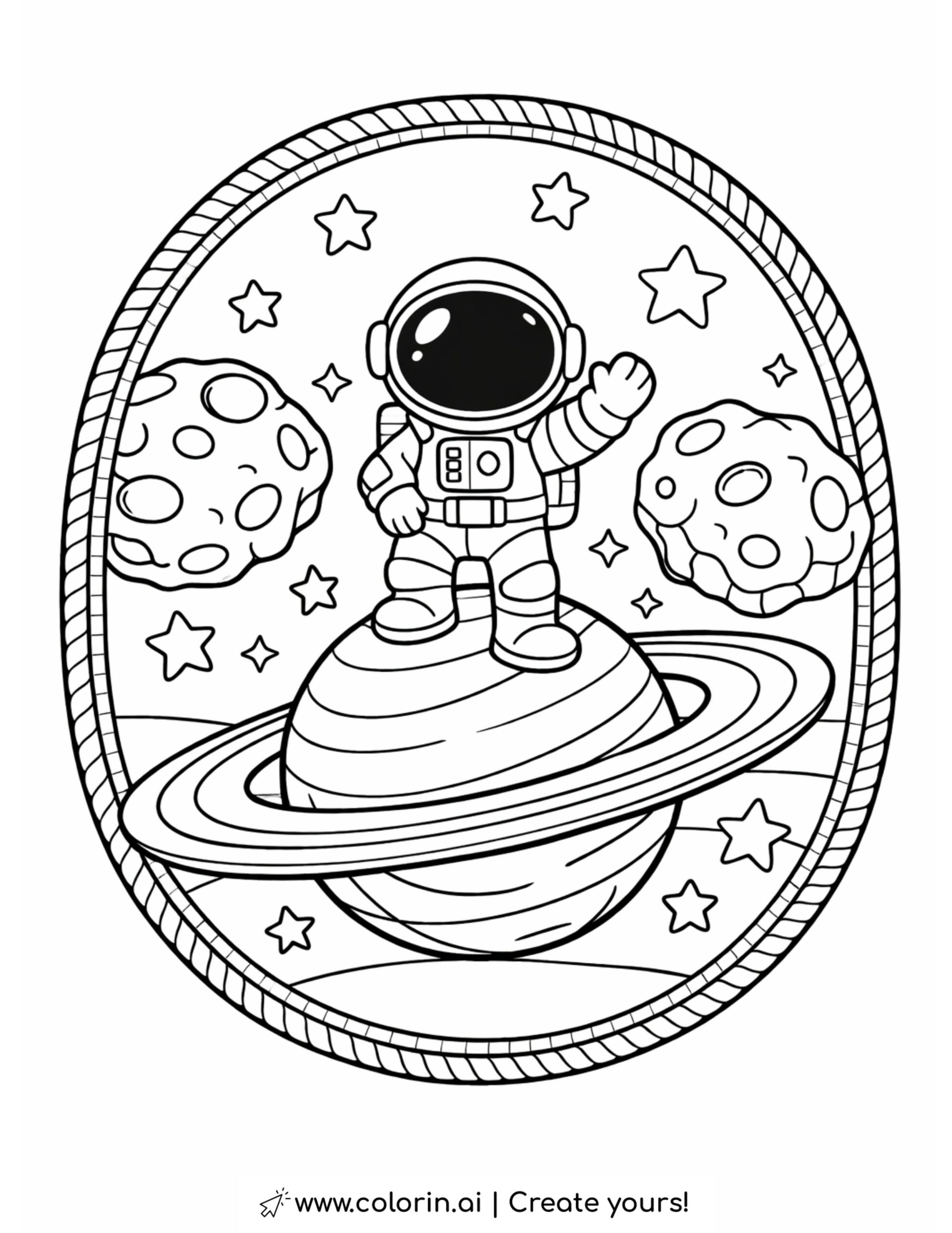Astronaut on Ringed Planet Coloring Page | Free Printable