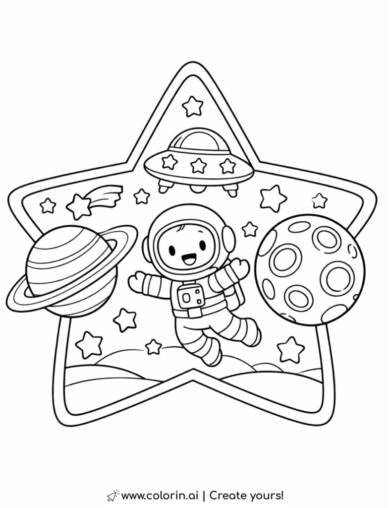 astronaut floating in space inside star frame coloring page