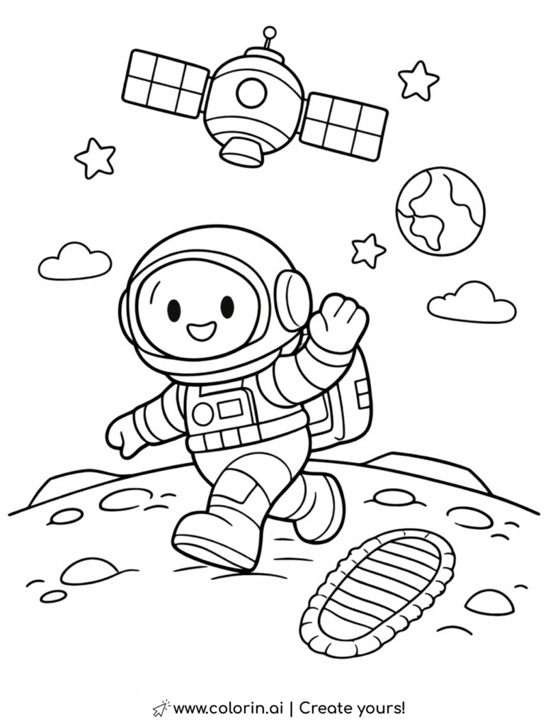 astronaut walking on the moon with satellite and stars coloring page