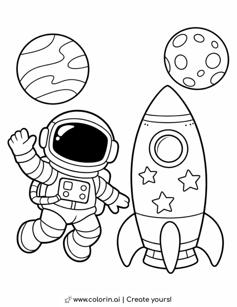 astronaut waving beside a rocket coloring page with two planets and a star rocket