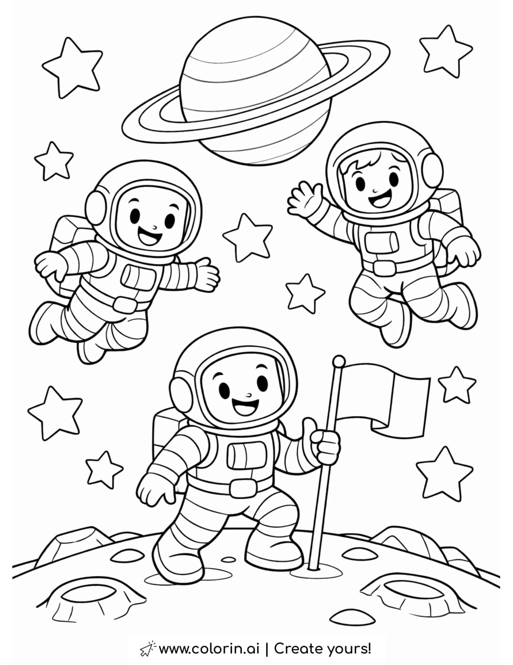 astronauts floating over the moon coloring page | Free Printable