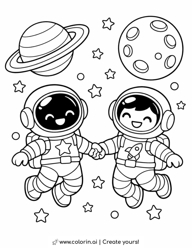 astronauts holding hands in space coloring page with stars and planets