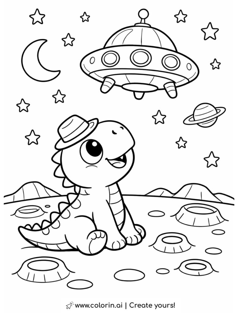 baby dinosaur watching ufo on the moon coloring page