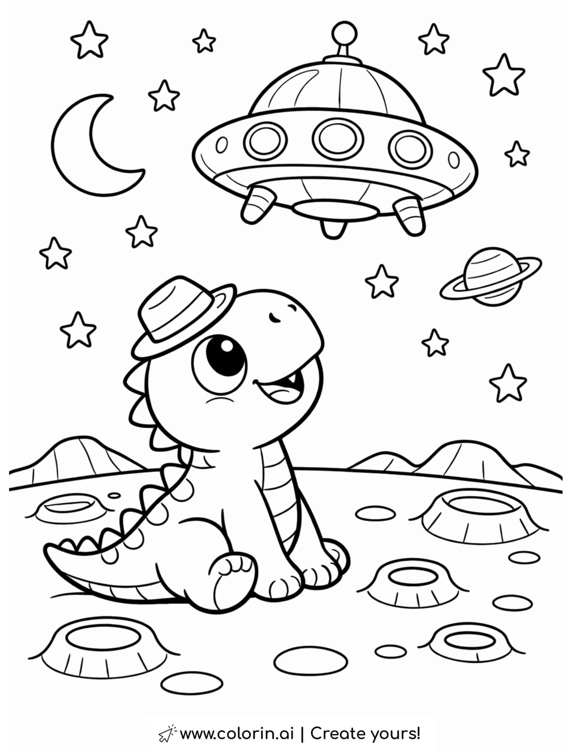 Baby Dinosaur Watching UFO on the Moon Coloring Page