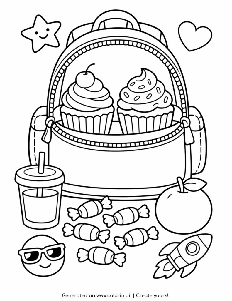 backpack with cupcakes candies juice and snacks coloring page
