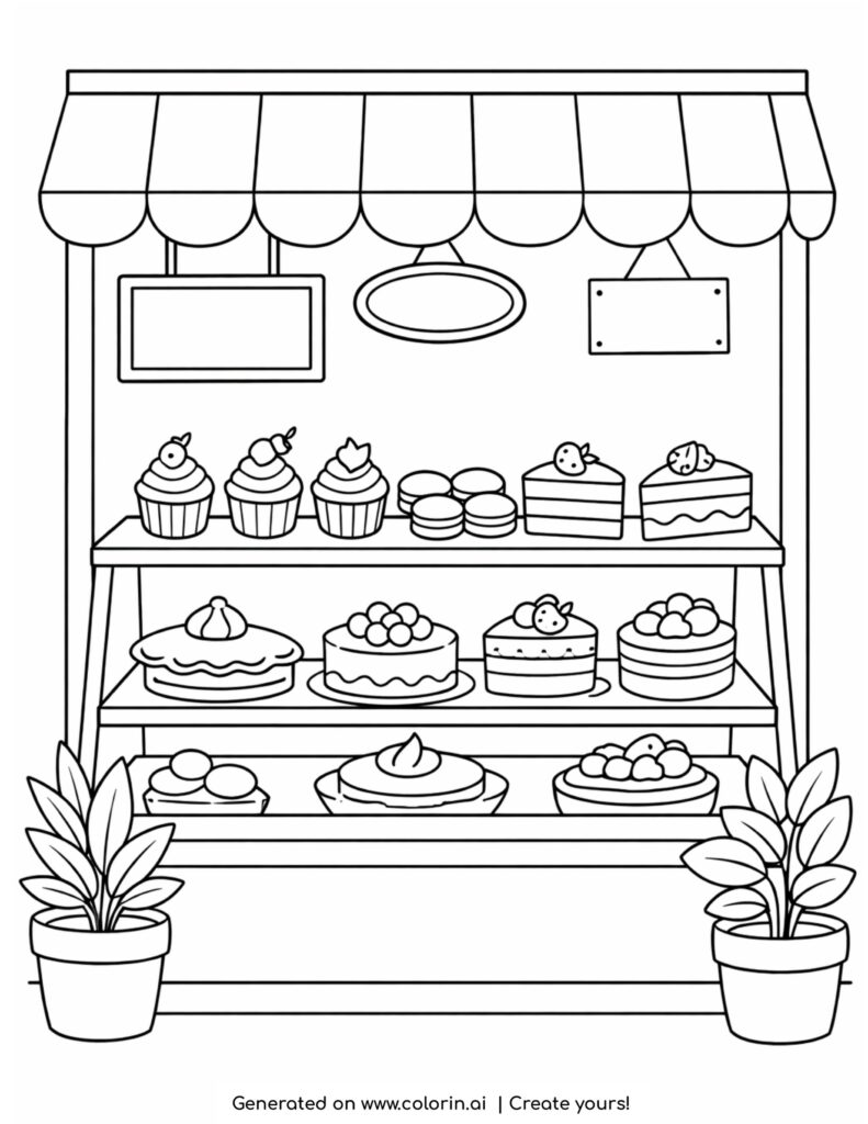 bakery display with cakes cupcakes macarons and pastries coloring page