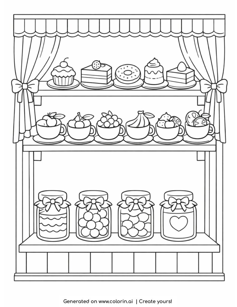 bakery window with cakes fruits in cups and jars of sweets coloring page