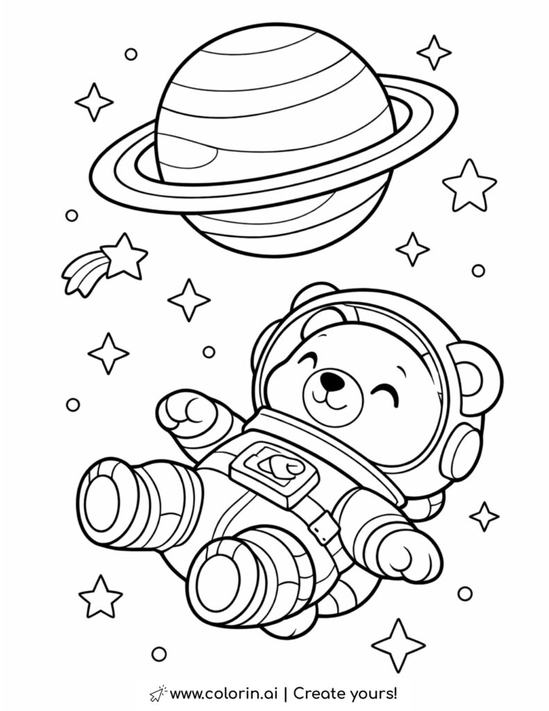 bear astronaut floating near ringed planet coloring page with stars
